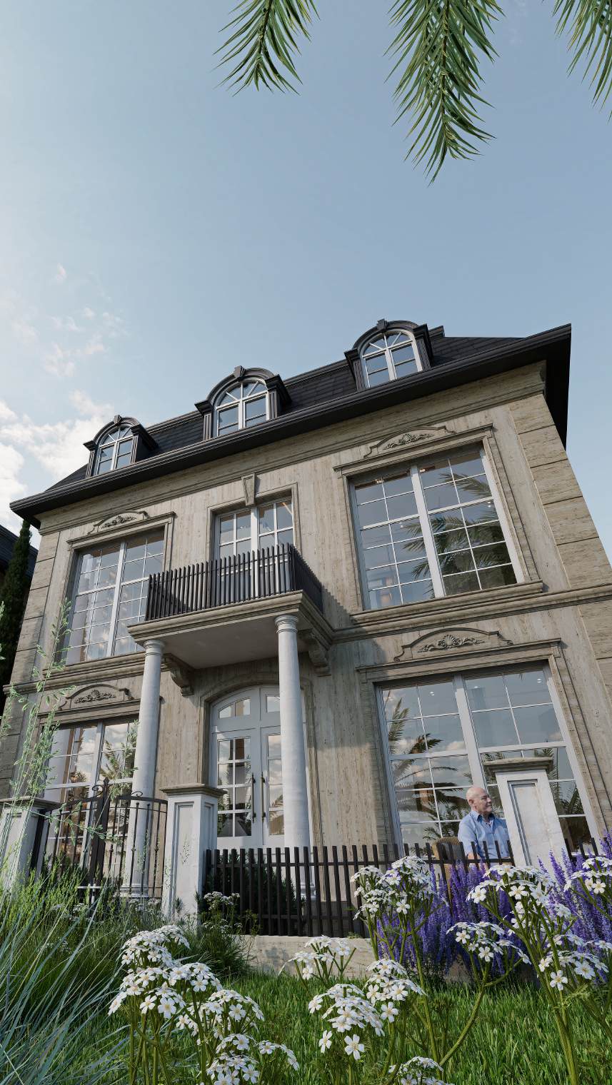 Villa Type D front elevation with garden planting